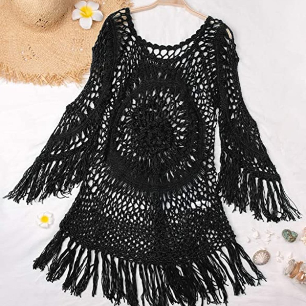 Women's Cover Up White Crochet Hollow Out Tassel Swimsuit Three Quarter Sleeve - Picture 2 of 4